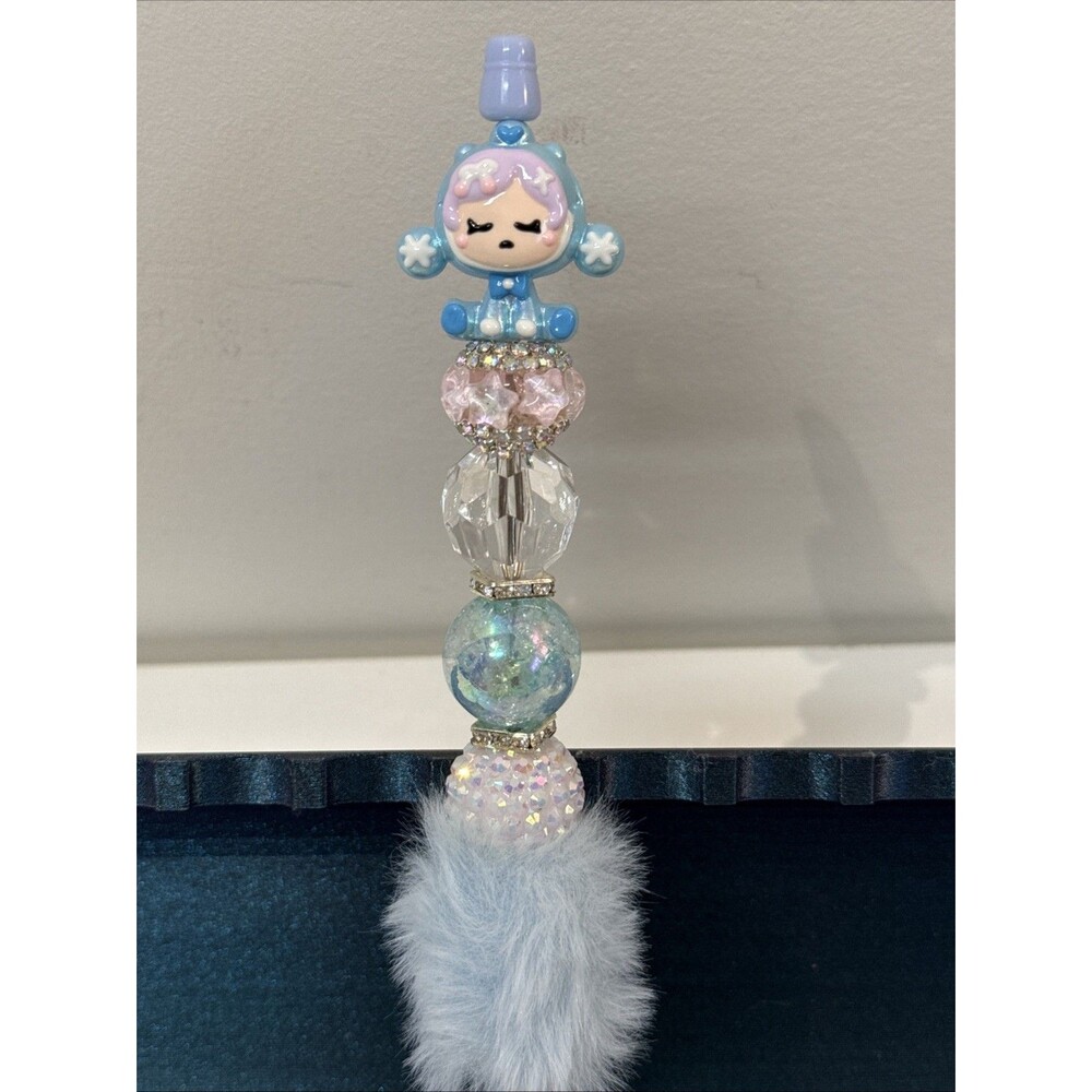 Beautiful Kawaii Blue Beaded Ink Pen With Fuzz Bottom Girly Handmade Homemade